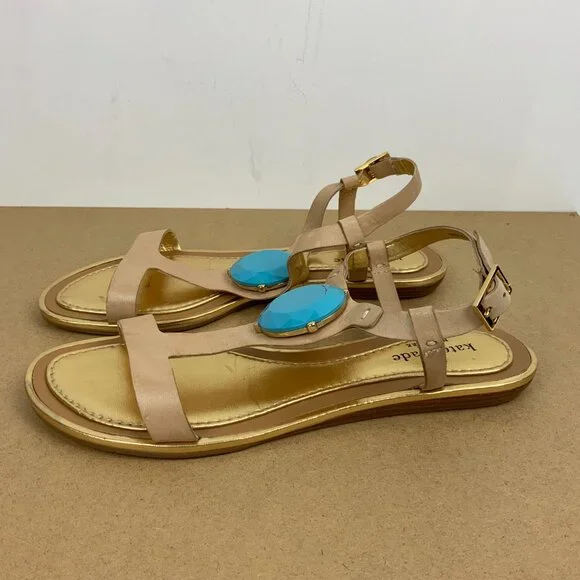 Kate Spade New York T-Strap Flat Sandals Blue Stone Embellishment Sz 8M - Picture 6 of 16